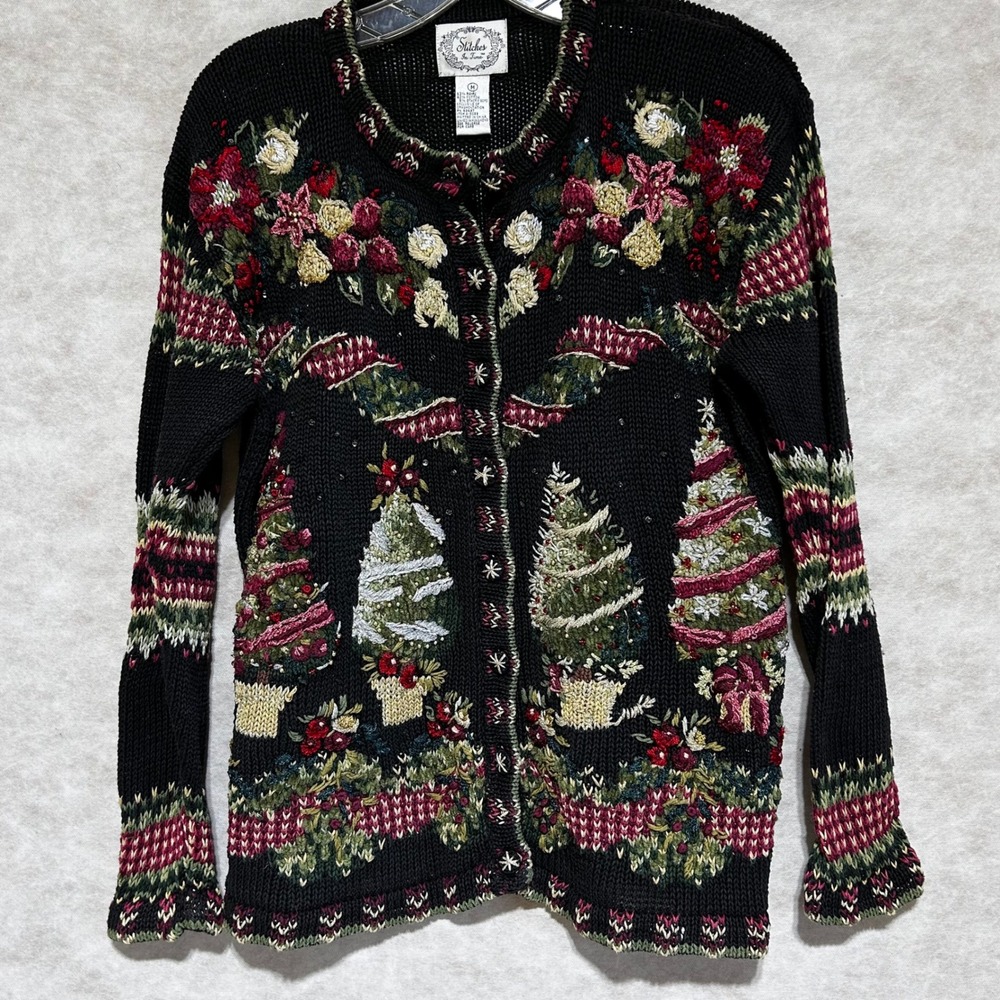 Stitches In Time Vintage Christmas Cardigan Black Floral Tree Beaded Mens M - Picture 2 of 11